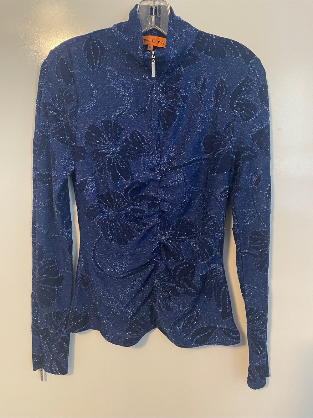 Stine Goya Gathered Long Sleeve High Neck Collar Top Metallic Blue Floral Size M